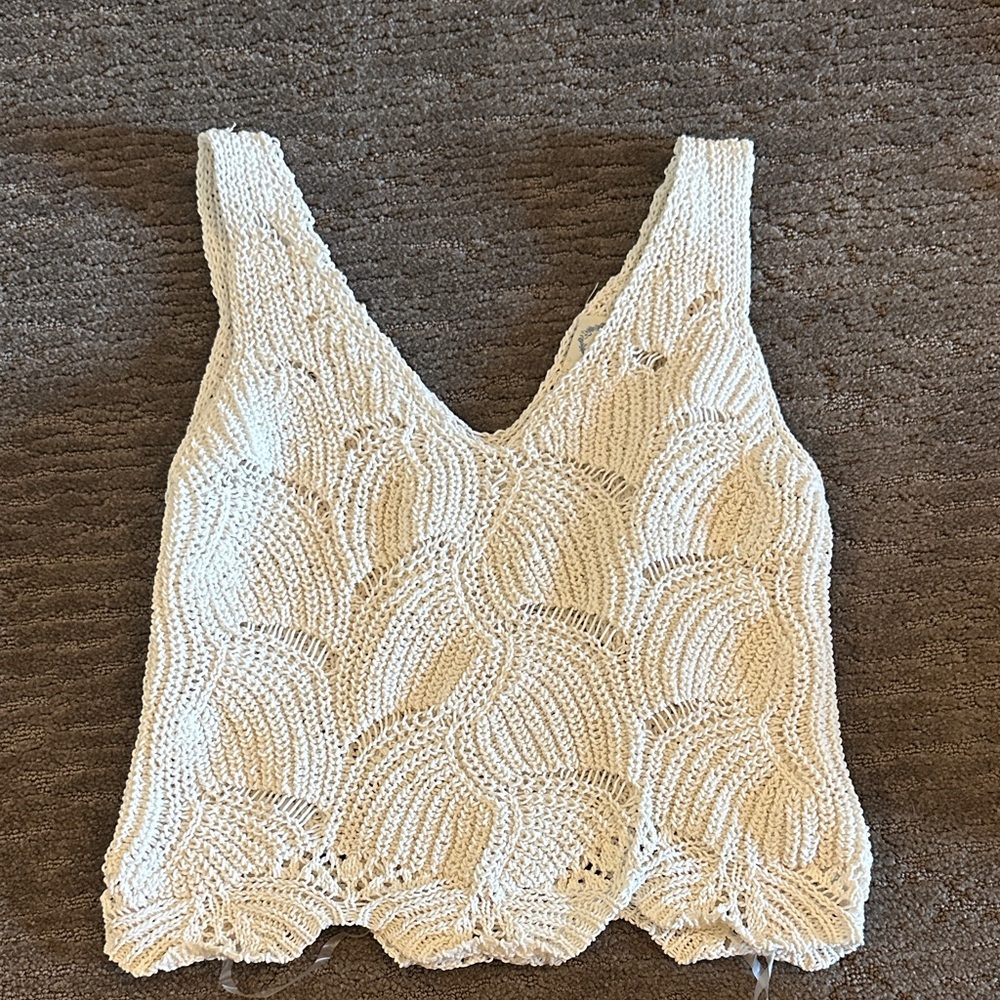 Blue Rain Crochet V-Neck Cream Tank Top